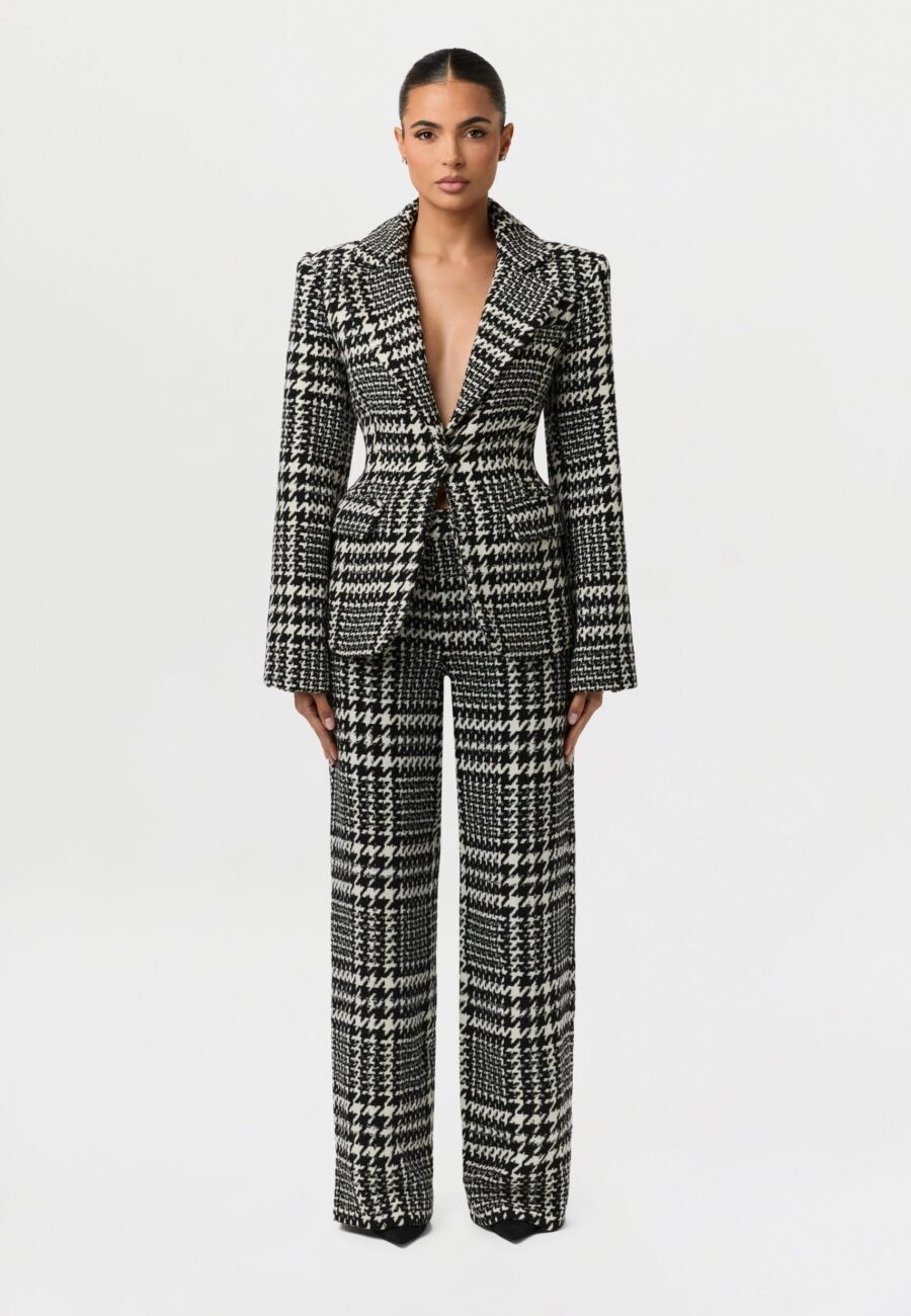 Houndstooth Plaid Wide-Leg Pants